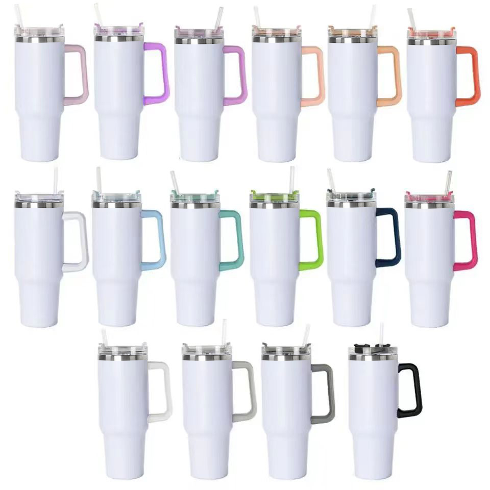 RTS Chinese Warehouse Case of 25pack 40oz Stanly1.0 White sublimation Tumblers with 10 Colored Hanlde&Lids&Plastic straw