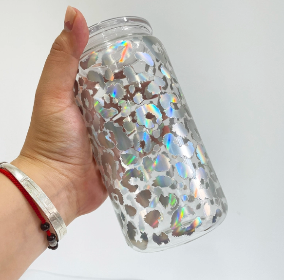 RTS Chinese Warehouse Case of 50pack 16oz Rainbow Leopard Glass Can with Clear Plastic LIds