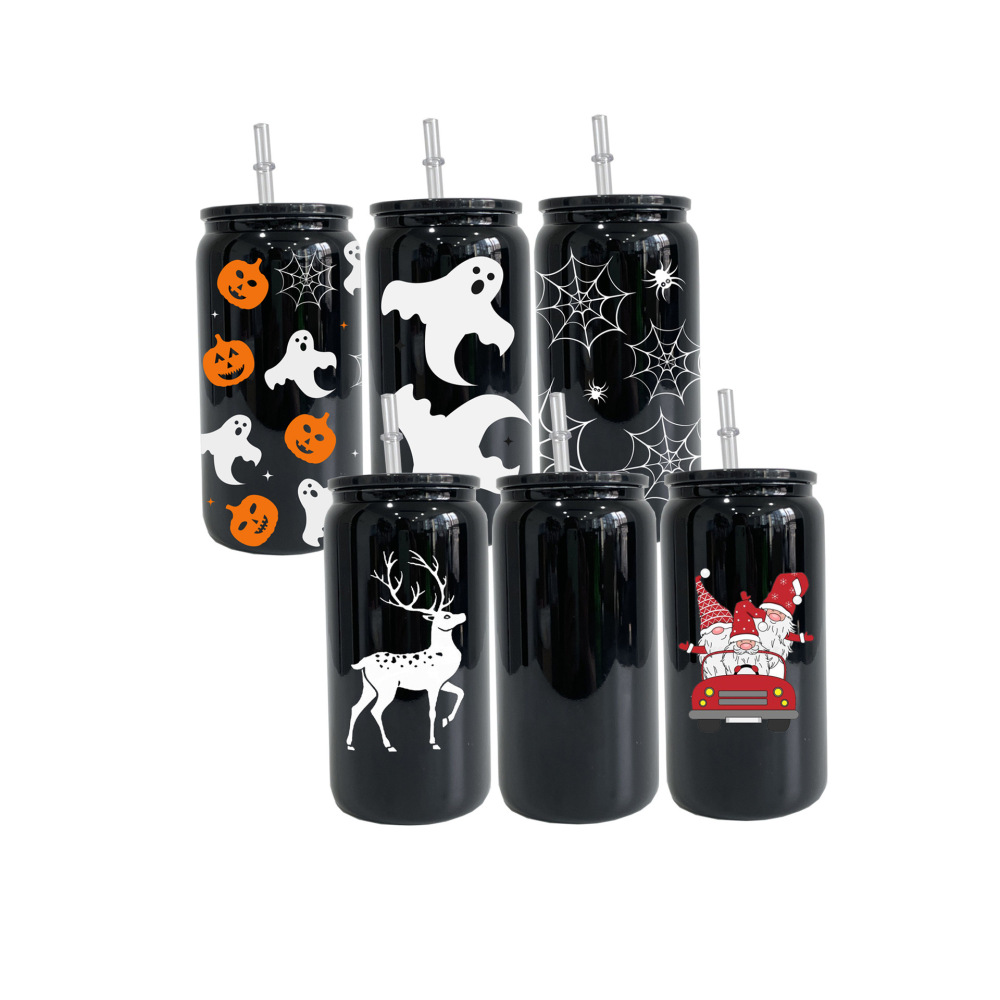 16oz Black Color Glass Can With  Plastic Straw and Black Plastic Lids- Chinese Warehouse