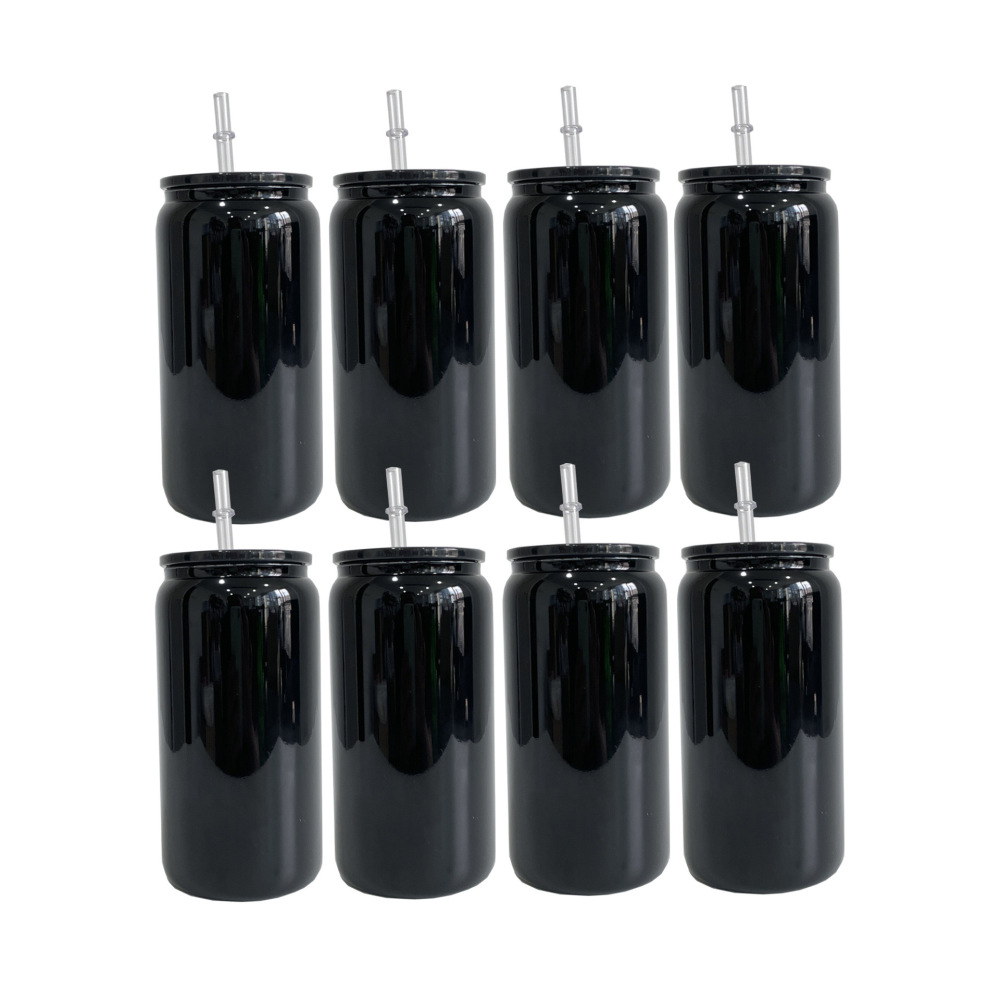 16oz Black Color Glass Can With  Plastic Straw and Black Plastic Lids- Chinese Warehouse