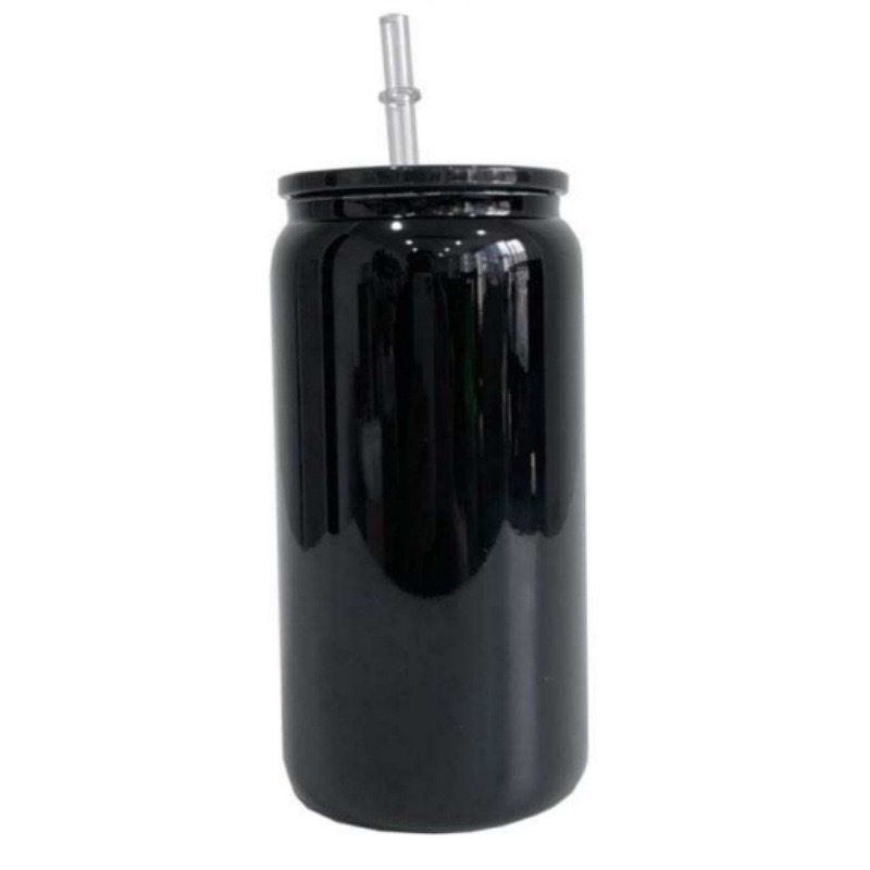16oz Black Color Glass Can With  Plastic Straw and Black Plastic Lids- Chinese Warehouse