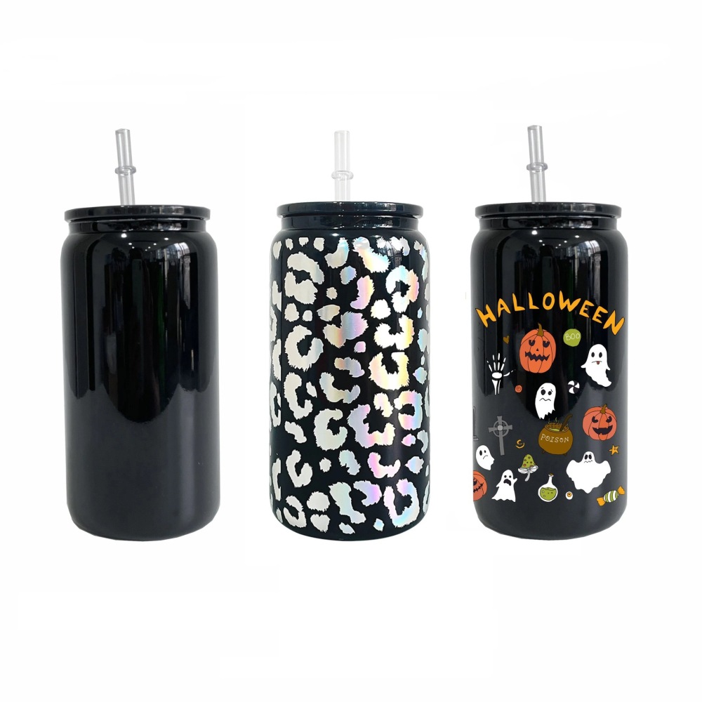 16oz Black Color Glass Can With  Plastic Straw and Black Plastic Lids- Chinese Warehouse