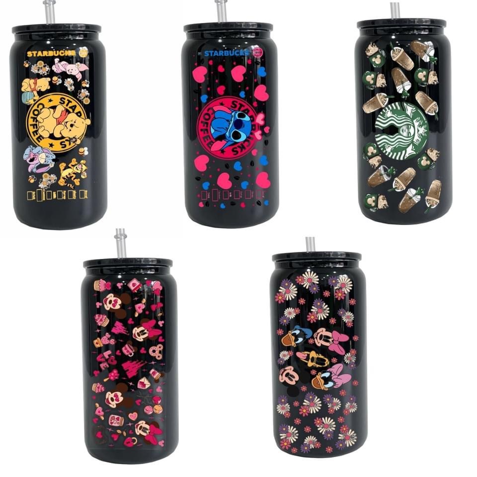16oz Black Color Glass Can With  Plastic Straw and Black Plastic Lids- Chinese Warehouse