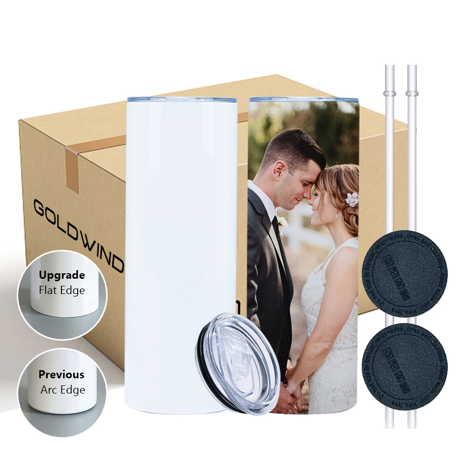 RTS US Warehouse Case of 25pack 20oz Sublimation Glossy Flat Edge Sub Straight Skinny Tumblers with Plastic Straw&Rubber Bottom