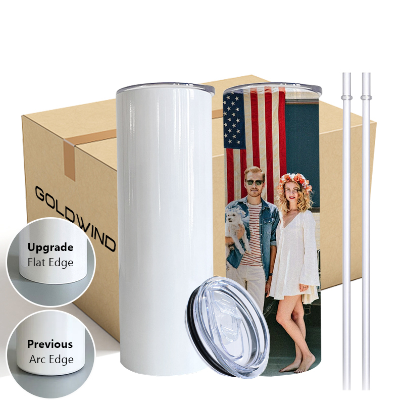 US Warehouse Case of 25pack 20oz Sublimation Glossy Flat Edge Sub Straight Skinny Tumblers with Plastic Straw