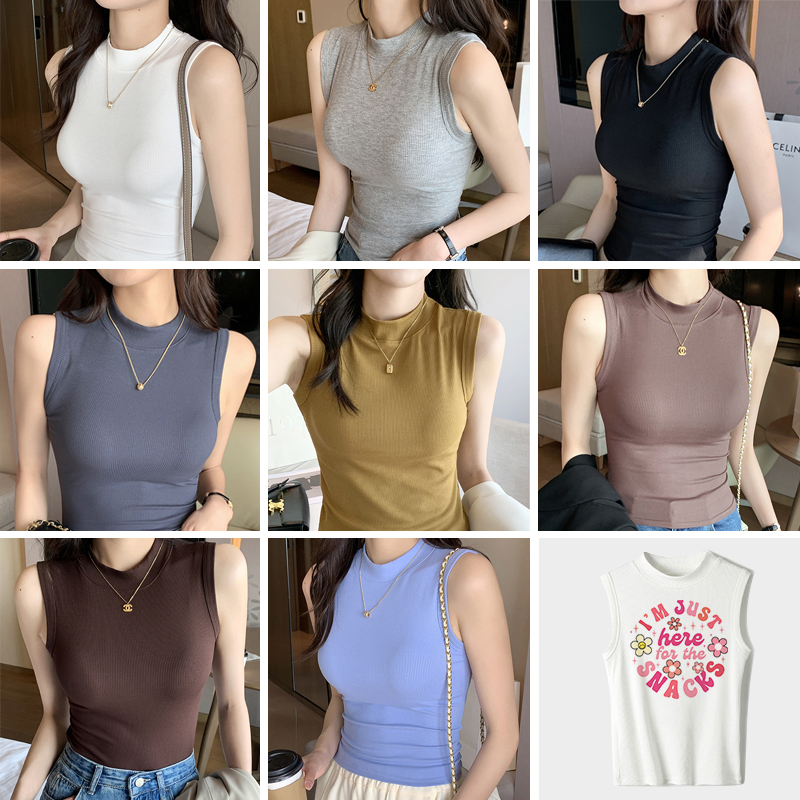 DTF New Round Neck Ribbed Bottoming Shirt Sleeveless Vest for Lady - Chinese Warehouse
