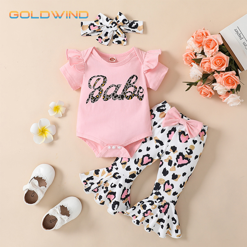 Printed Bell Bottom Set Toddler Girls Short Sleeve Jumpsuit Bodysuit Bell Bottom Clothes Summer - Chinese Warehouse