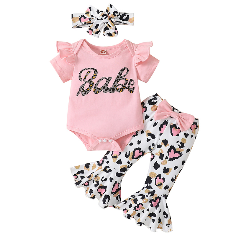 Printed Bell Bottom Set Toddler Girls Short Sleeve Jumpsuit Bodysuit Bell Bottom Clothes Summer - Chinese Warehouse