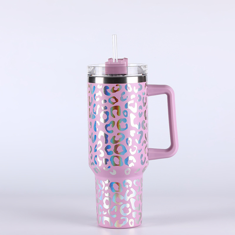 RTS CN -- 40oz Stanley1.0 3D Holographic Leopard Laser Travel Mug Tumbler With Handle