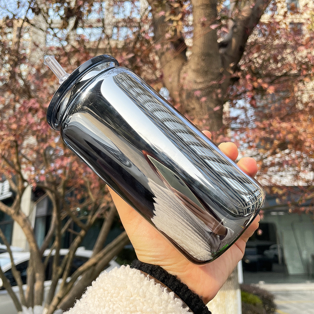 Case of 50pack 16oz Black Mirror Glass Can With Plastic Lid and Plastic Straw - Chinese Warehouse