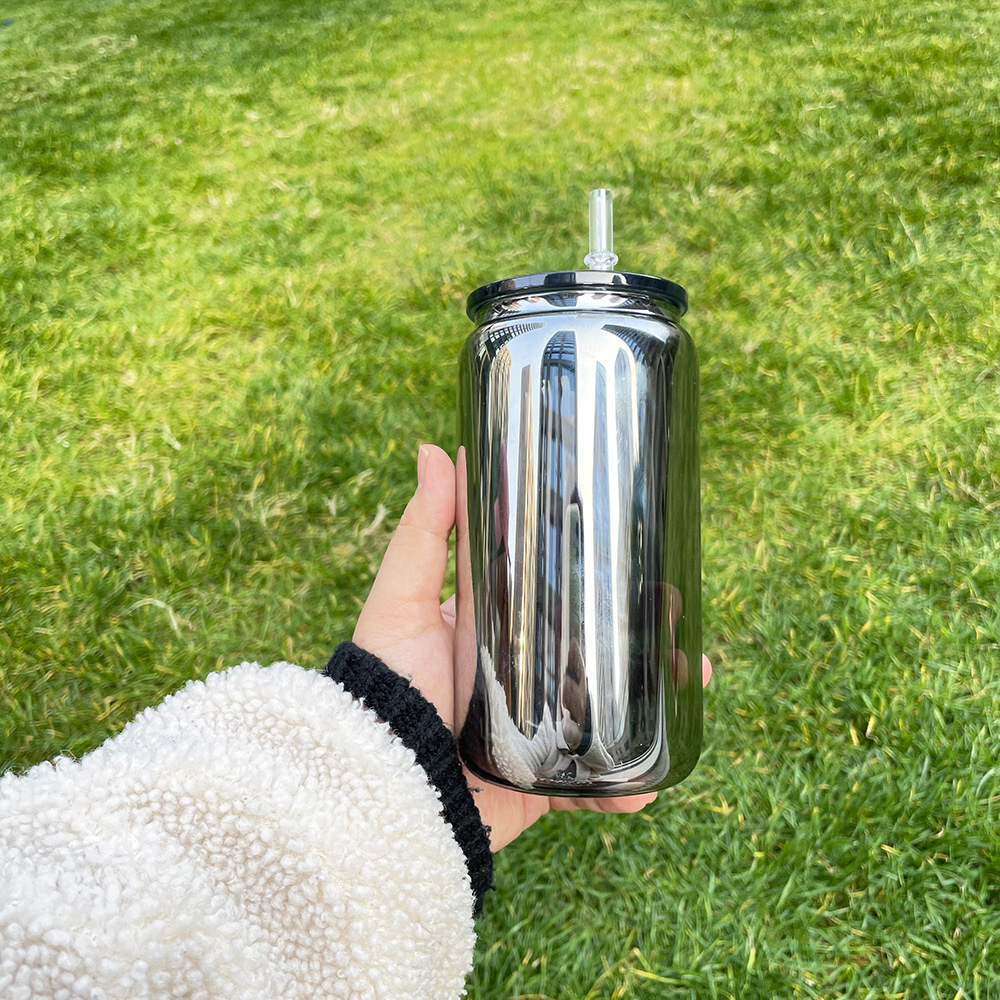 Case of 50pack 16oz Black Mirror Glass Can With Plastic Lid and Plastic Straw - Chinese Warehouse