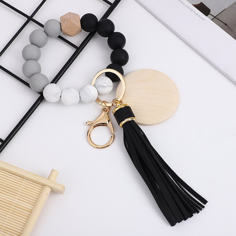 RTS CHINA Colorful food grade silicone beads bracelet keychain PU tassel pendant sublimated wood chips