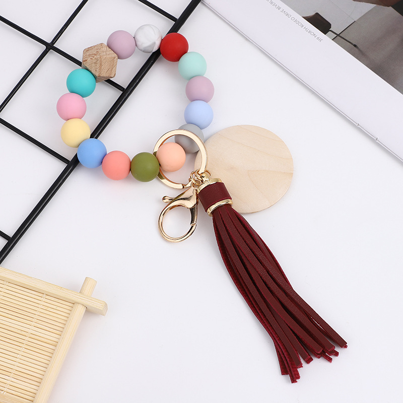 RTS CHINA Colorful food grade silicone beads bracelet keychain PU tassel pendant sublimated wood chips