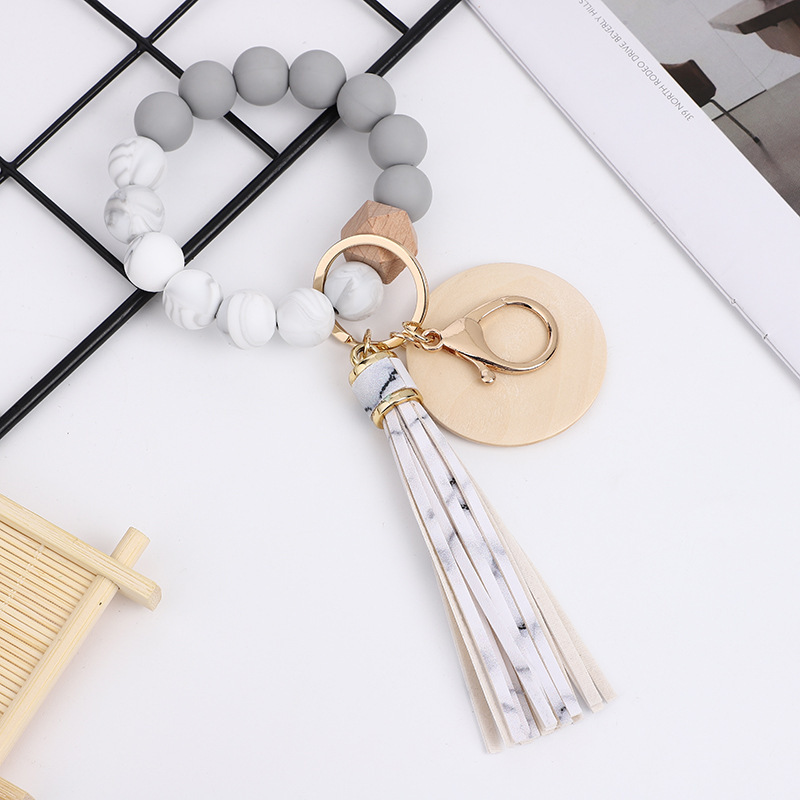 RTS CHINA Colorful food grade silicone beads bracelet keychain PU tassel pendant sublimated wood chips