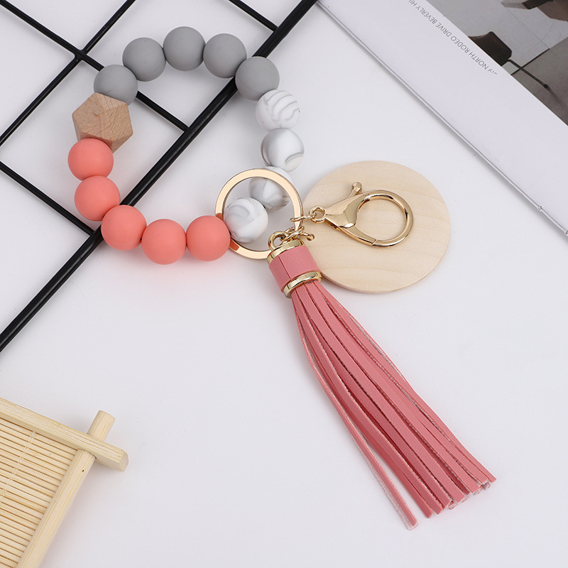 RTS CHINA Colorful food grade silicone beads bracelet keychain PU tassel pendant sublimated wood chips
