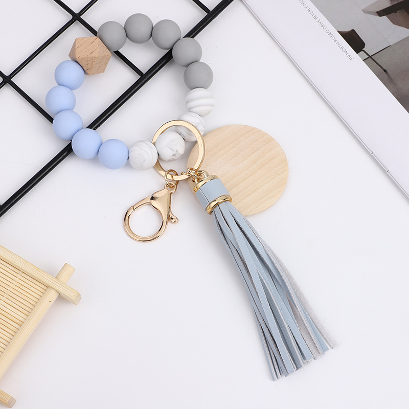 RTS CHINA Colorful food grade silicone beads bracelet keychain PU tassel pendant sublimated wood chips