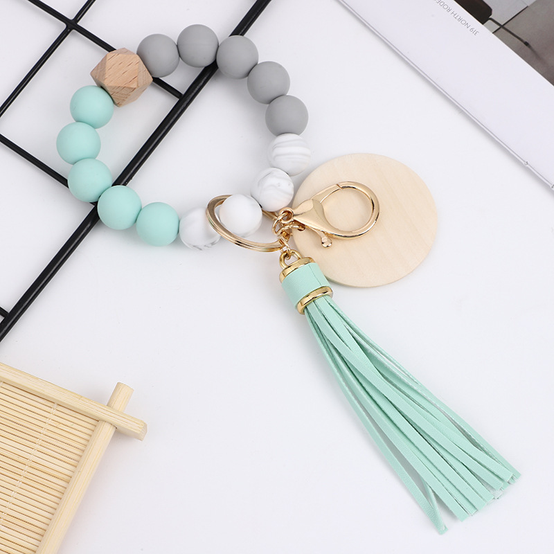 RTS CHINA Colorful food grade silicone beads bracelet keychain PU tassel pendant sublimated wood chips