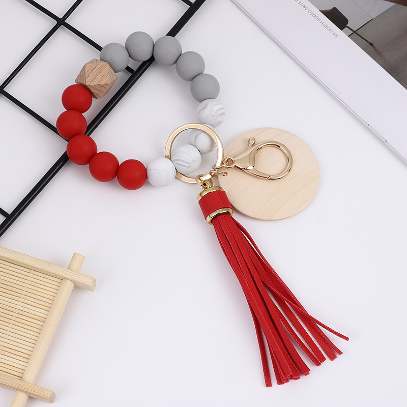 RTS CHINA Colorful food grade silicone beads bracelet keychain PU tassel pendant sublimated wood chips