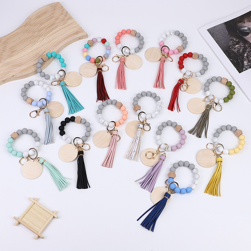 RTS CHINA Colorful food grade silicone beads bracelet keychain PU tassel pendant sublimated wood chips