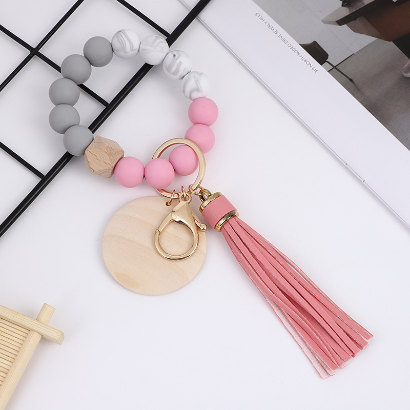 RTS CHINA Colorful food grade silicone beads bracelet keychain PU tassel pendant sublimated wood chips