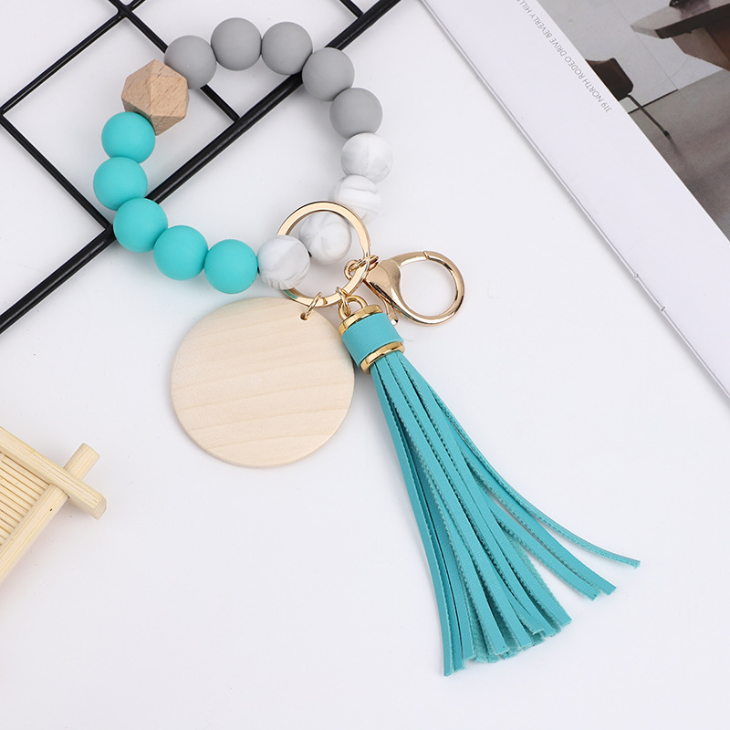 RTS CHINA Colorful food grade silicone beads bracelet keychain PU tassel pendant sublimated wood chips