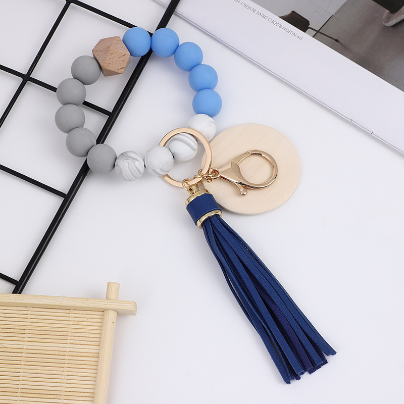 RTS CHINA Colorful food grade silicone beads bracelet keychain PU tassel pendant sublimated wood chips