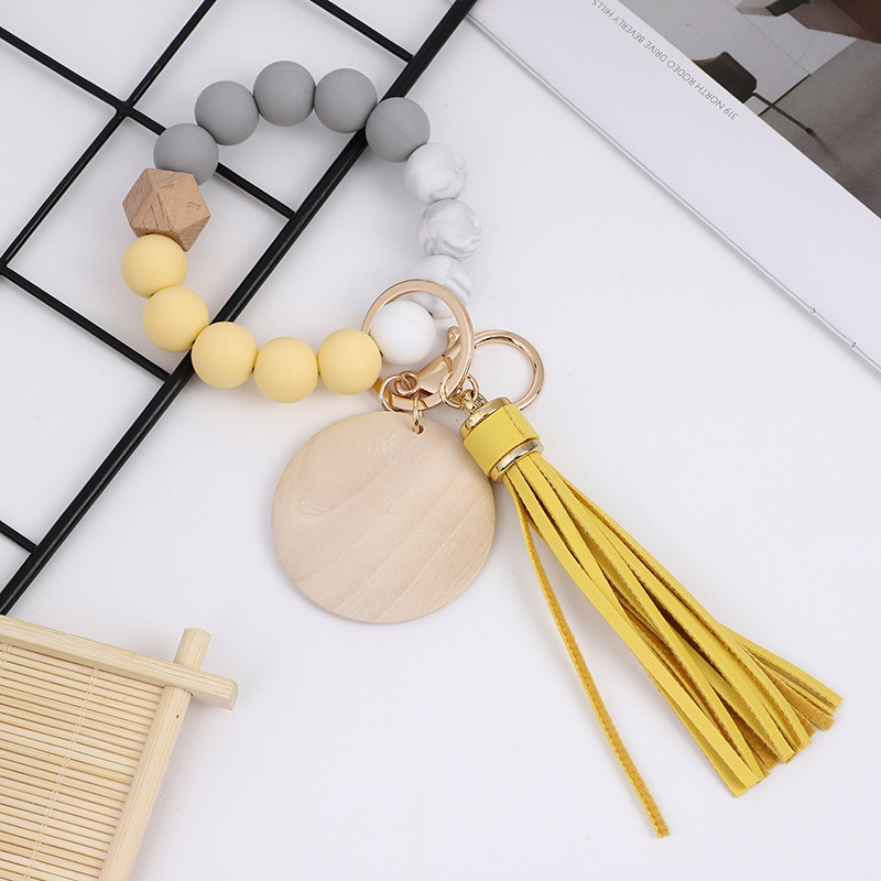 RTS CHINA Colorful food grade silicone beads bracelet keychain PU tassel pendant sublimated wood chips