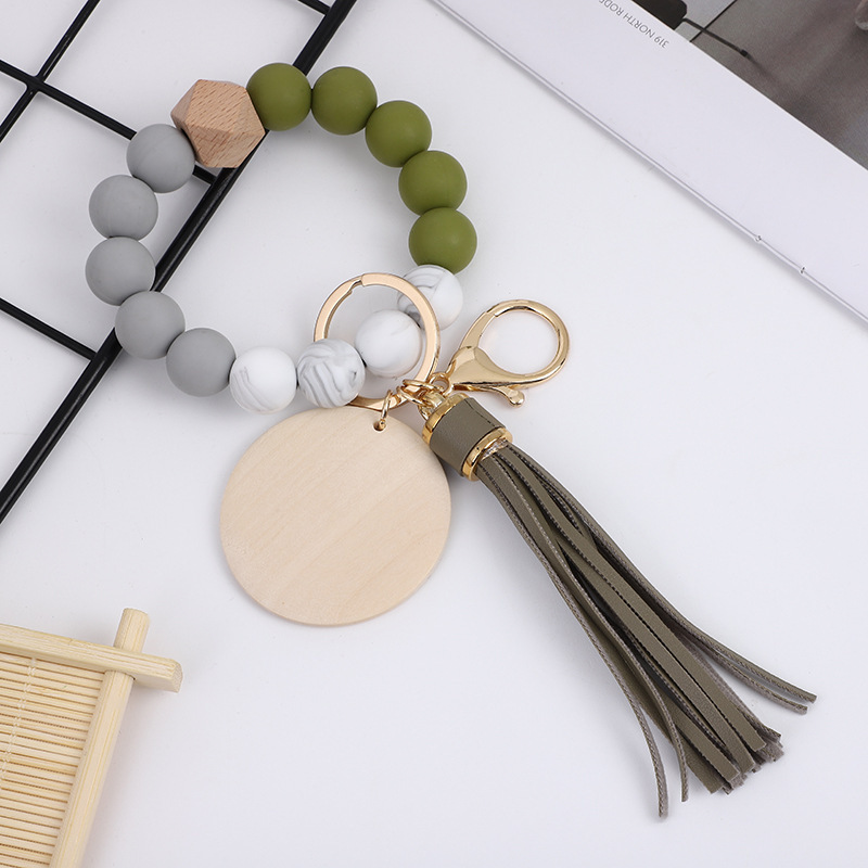 RTS CHINA Colorful food grade silicone beads bracelet keychain PU tassel pendant sublimated wood chips