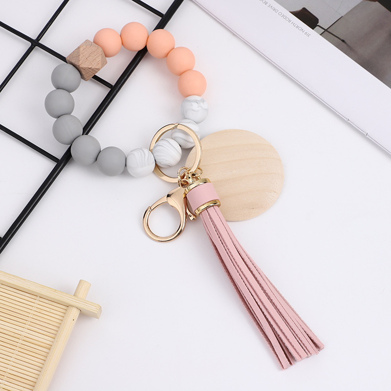 RTS CHINA Colorful food grade silicone beads bracelet keychain PU tassel pendant sublimated wood chips