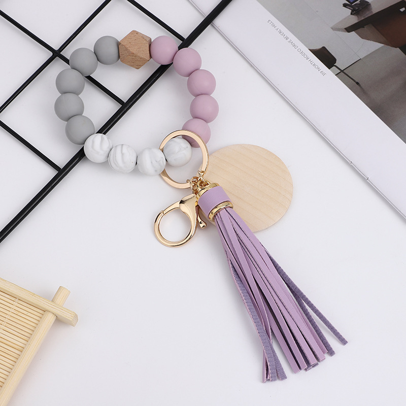 RTS CHINA Colorful food grade silicone beads bracelet keychain PU tassel pendant sublimated wood chips