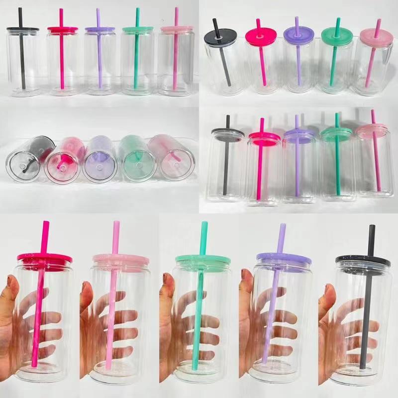 RTS Chinese Warehouse Case of 25pack 16oz Sublimation Snow Globe Glass Can with Plastic Color Lid and Plastic Straw