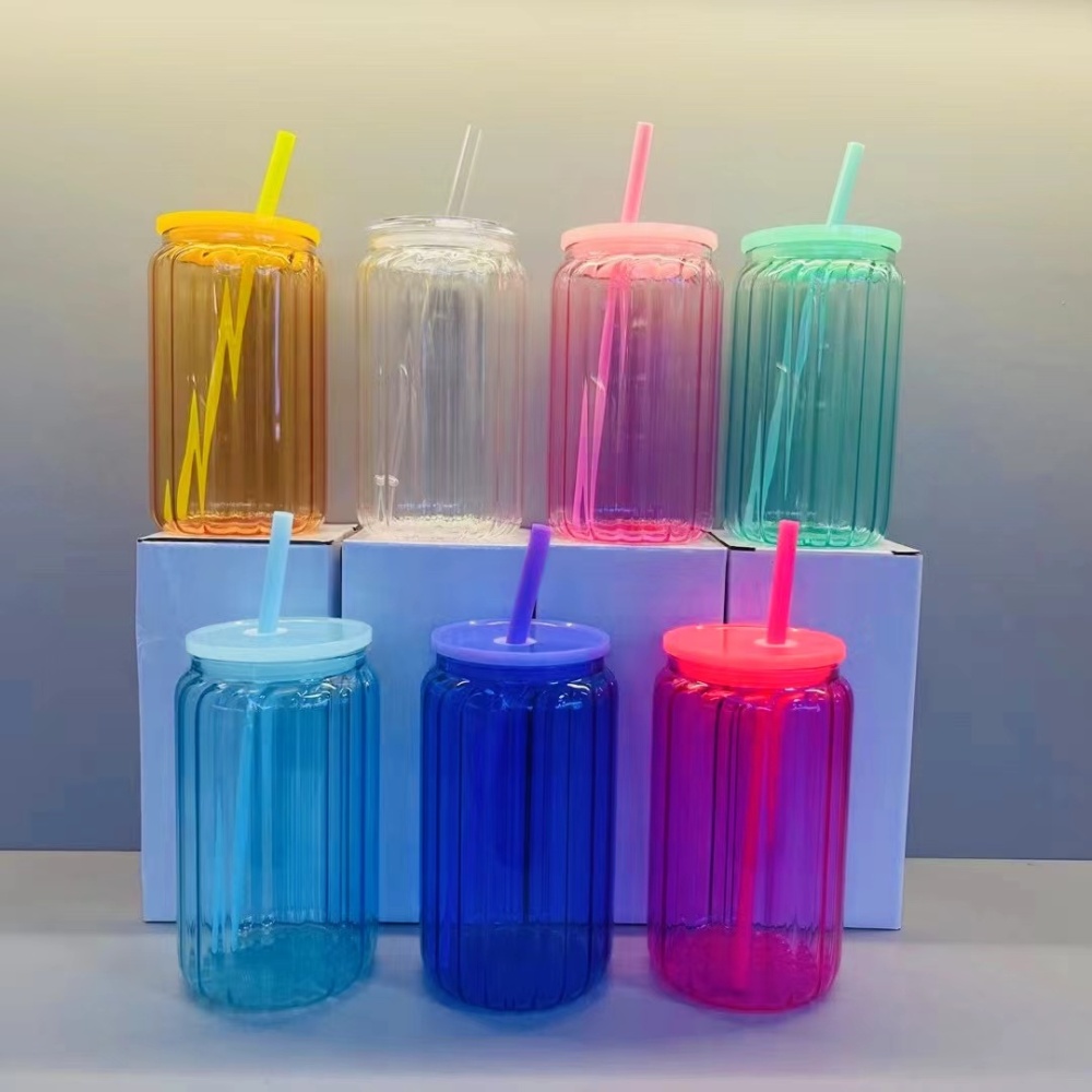 RTS Chinese Warehouse Case of 25pack 16oz Sublimation Glass Can with Plastic Color Lid and Plastic Straw