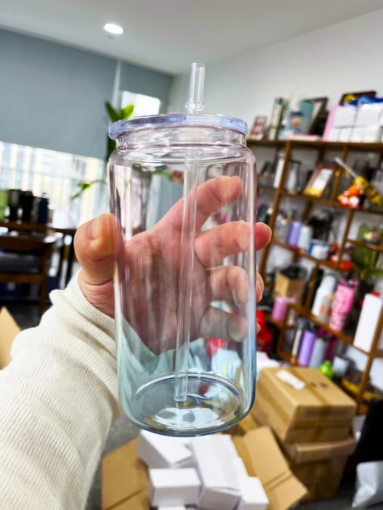 RTS Chinese Warehouse new color 16oz Sublimation Glass Can with Plastic Color Lid and Plastic  Color Straw
