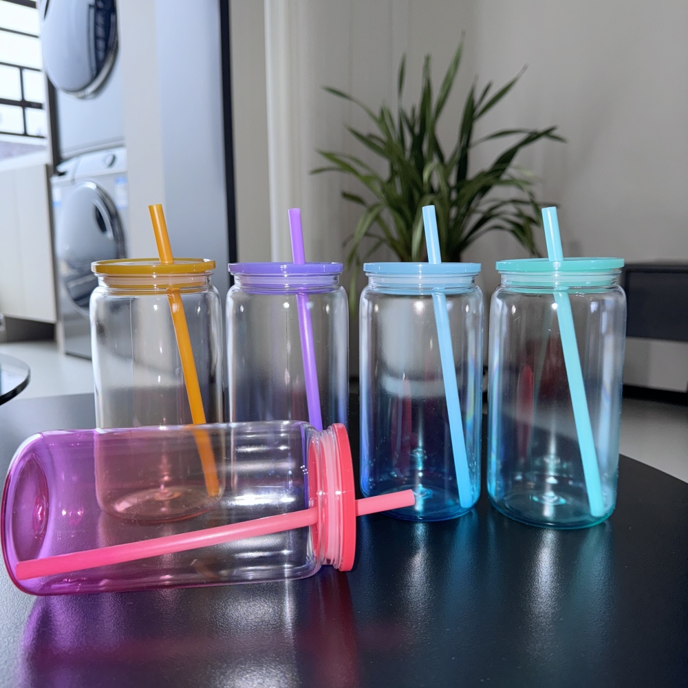 RTS CHINA Case of 50pack 16oz Ombré Plastic Can With Colored Plastic Straw and Colored Lids