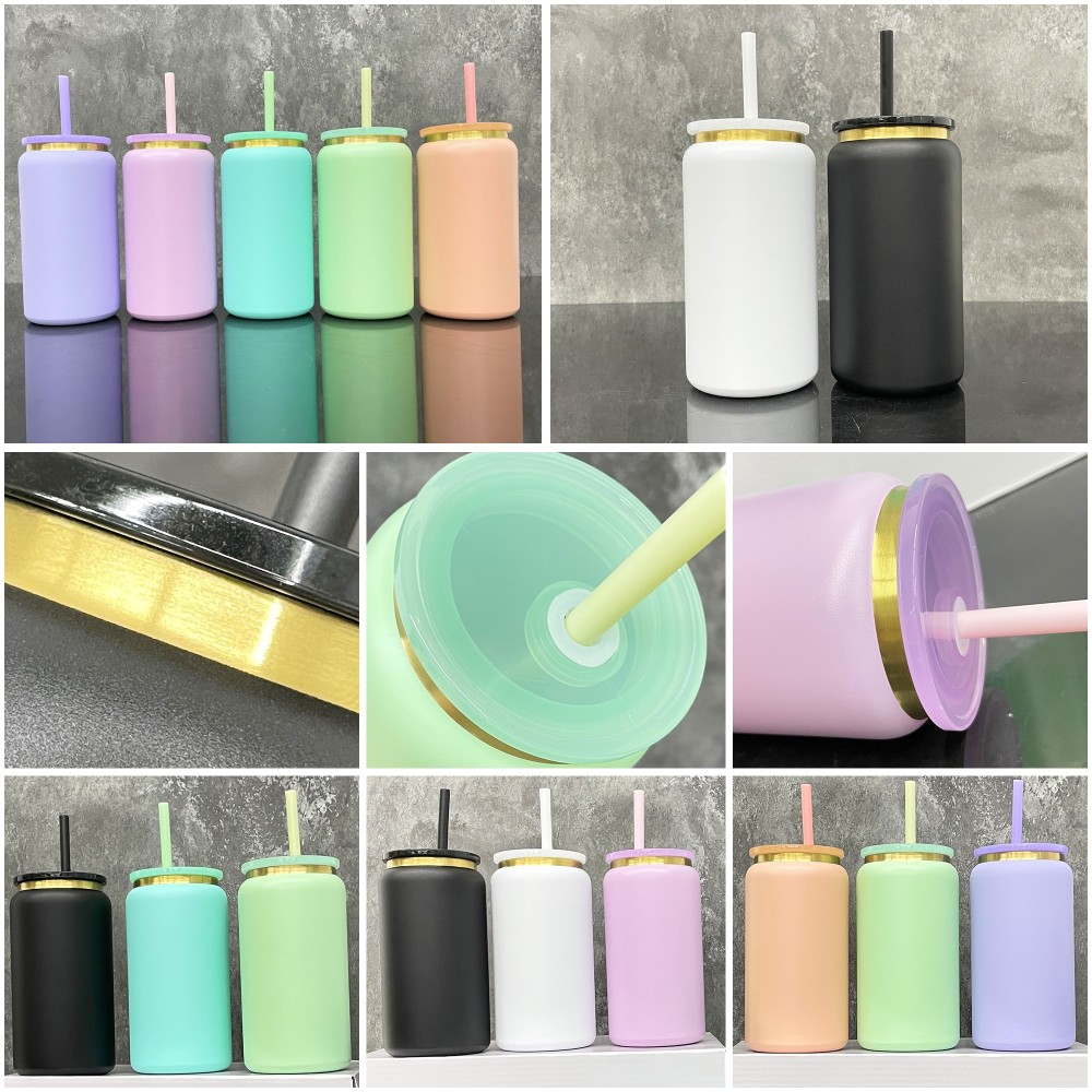RTS CHINA Case of 50pack Double Walled Vacuum insulated 16oz Sublimation/Engraving Stainless Steel Mason Jar With Colored Plastic Straw and Colored Lids