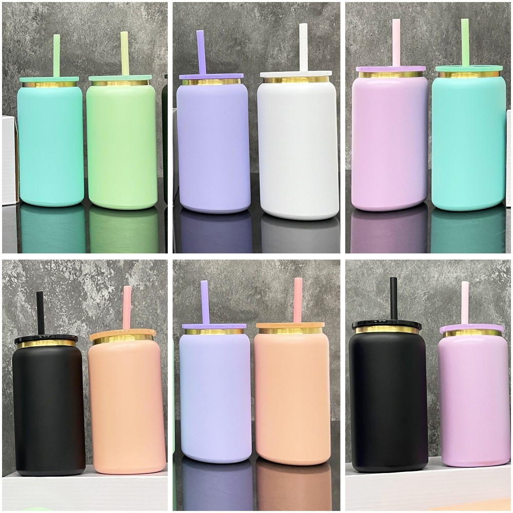 RTS CHINA Case of 50pack Double Walled Vacuum insulated 16oz Sublimation/Engraving Stainless Steel Mason Jar With Colored Plastic Straw and Colored Lids