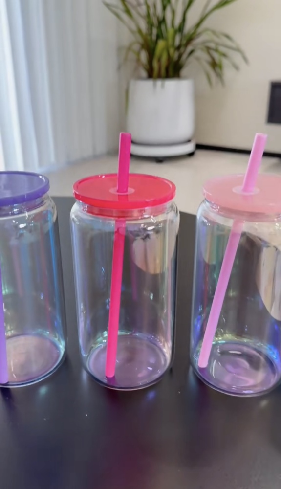 Presale CHINA 16oz Sublimation Case of 25pack Iridescent Glass Can With Colored Lids and Colored Plastic Straw