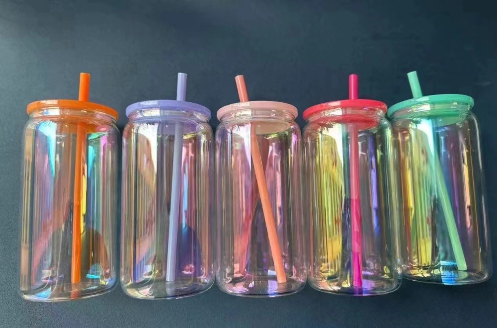Presale CHINA 16oz Sublimation Case of 25pack Iridescent Glass Can With Colored Lids and Colored Plastic Straw