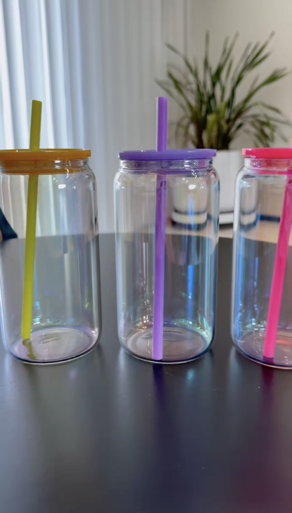 Presale CHINA 16oz Sublimation Case of 25pack Iridescent Glass Can With Colored Lids and Colored Plastic Straw