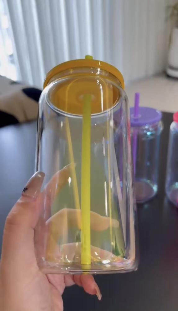 Presale CHINA 16oz Sublimation Case of 25pack Iridescent Glass Can With Colored Lids and Colored Plastic Straw