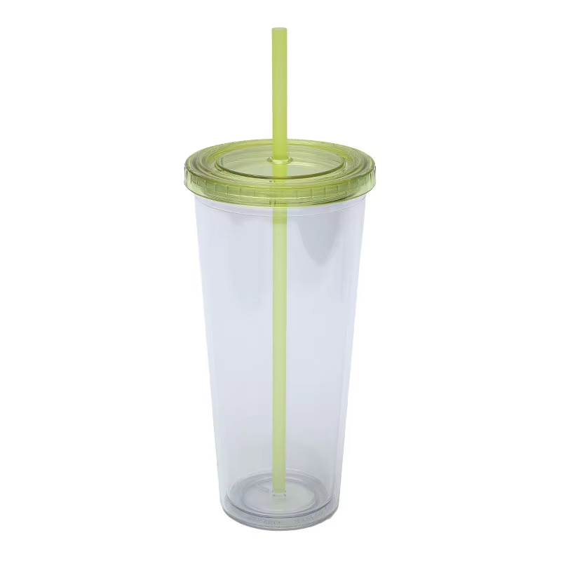 RTS CN - 24oz Acrylic Plastic Double Wall Multi color Snow Globe Tumbler with Colored Plastic Straw