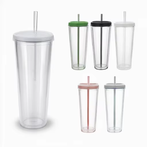 RTS CN - 24oz Acrylic Plastic Double Wall Multi color Snow Globe Tumbler with Colored Plastic Straw