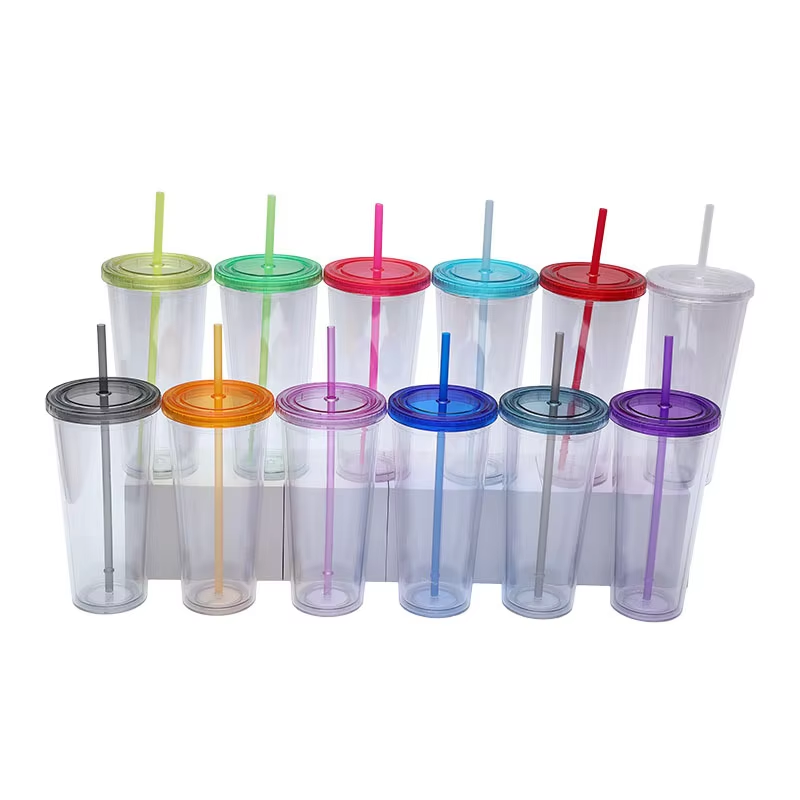 RTS CN - 24oz Acrylic Plastic Double Wall Multi color Snow Globe Tumbler with Colored Plastic Straw