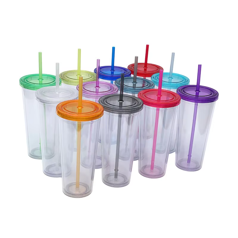 RTS CN - 24oz Acrylic Plastic Double Wall Multi color Snow Globe Tumbler with Colored Plastic Straw