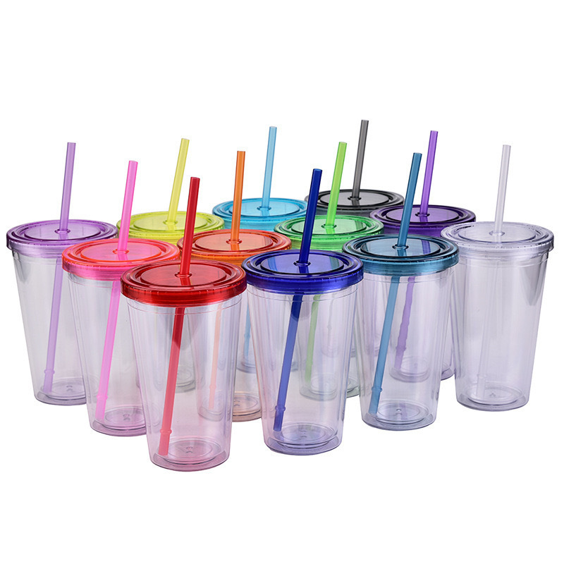 RTS CN - 16oz Acrylic Plastic Double Wall Multi color Snow Globe Tumbler with Colored Plastic Straw
