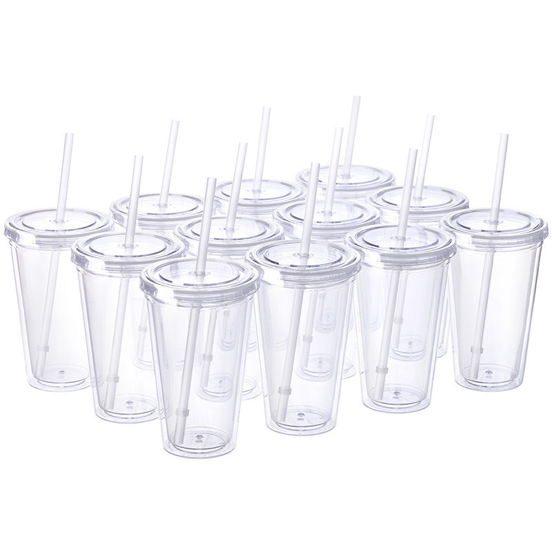 RTS CN - 16oz Acrylic Plastic Double Wall Multi color Snow Globe Tumbler with Colored Plastic Straw
