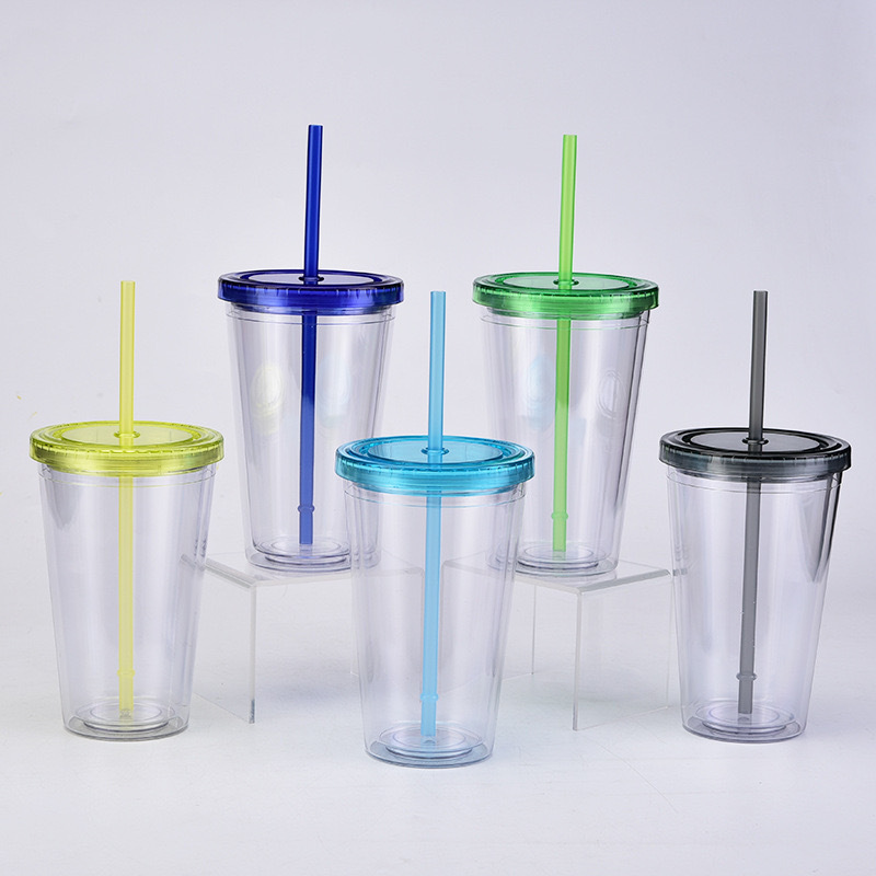 RTS CN - 16oz Acrylic Plastic Double Wall Multi color Snow Globe Tumbler with Colored Plastic Straw