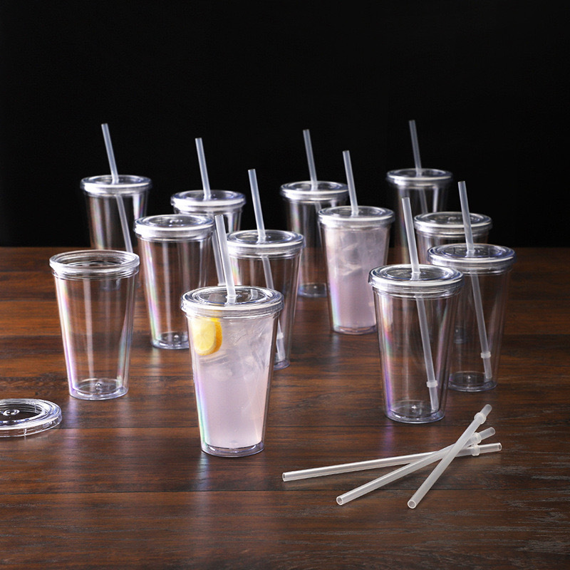 RTS CN - 16oz Acrylic Plastic Double Wall Multi color Snow Globe Tumbler with Colored Plastic Straw