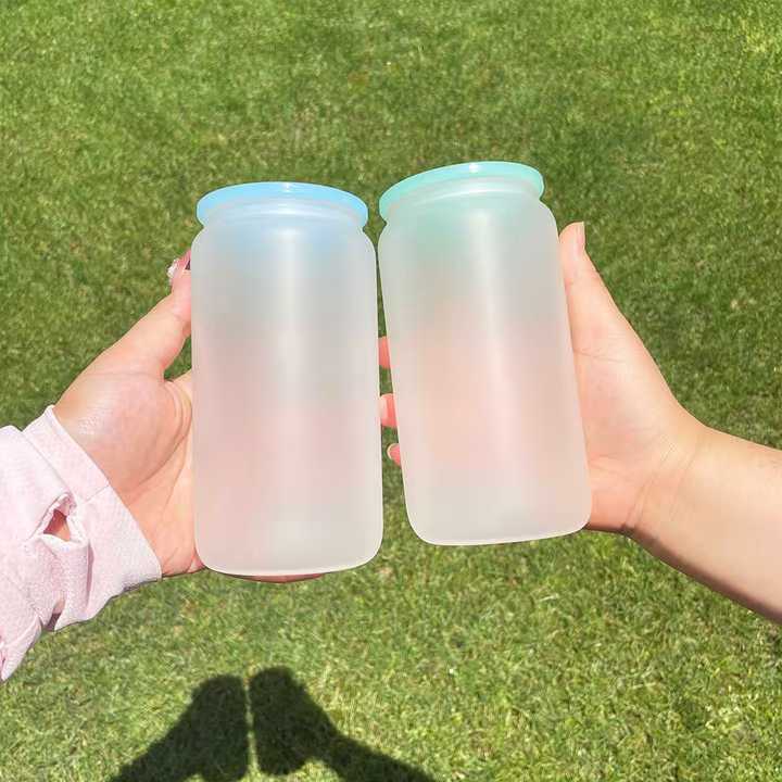 RTS US Warehouse Case of 16oz Sublimation Clear/frosted Glass Can With Clear Plastic Straw and colored Lids