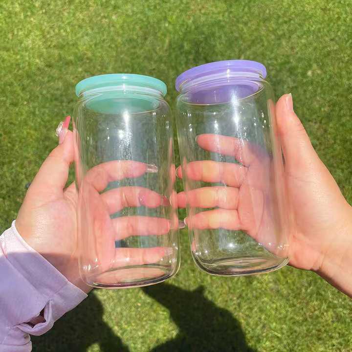 RTS US Warehouse Case of 16oz Sublimation Clear/frosted Glass Can With Clear Plastic Straw and colored Lids
